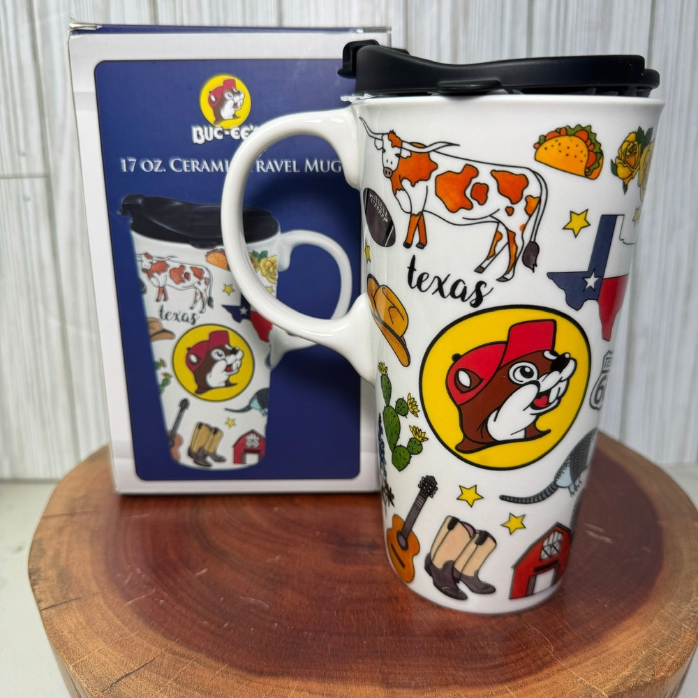 Buc-ee's 17 oz Ceramic Travel Mug Texas Icons Beaver Mascot White with Lid New